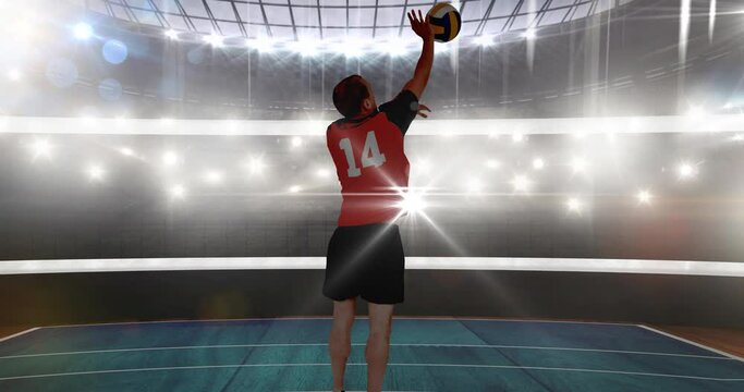 Animation of male volleyball player over sports stadium