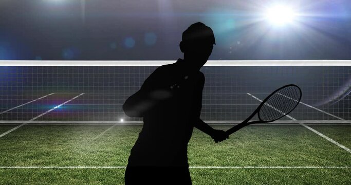 Animation of silhouette of male tennis player with racket on tennis court