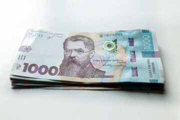 Ukrainian money. thousand hryvnia banknotes. Inflation, business. econimics and finance theme.