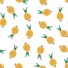 Cute pattern with yellow onions. Stylish vegetable print. Vector illustration on  white background
