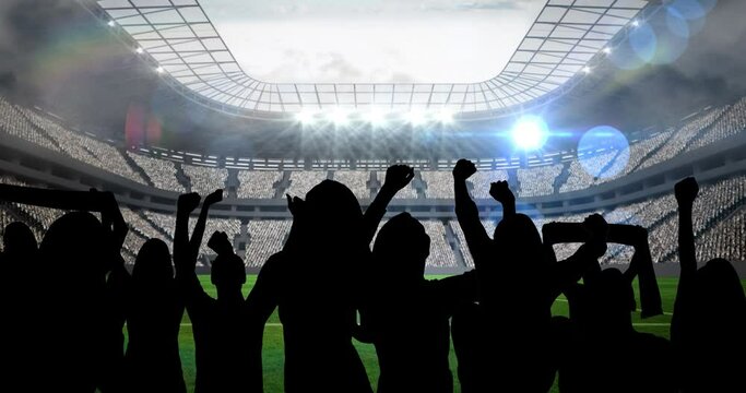 Animation of silhouettes of sports fans cheering over sports stadium