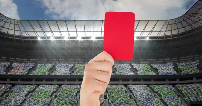 Animation of referee holding red card over sports stadium