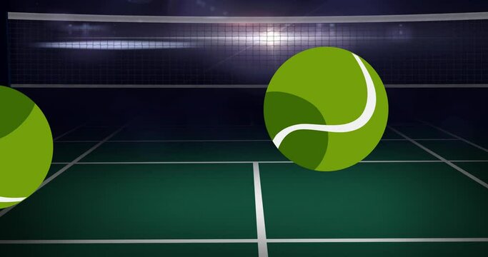 Animation of tennis balls bouncing over tennis court