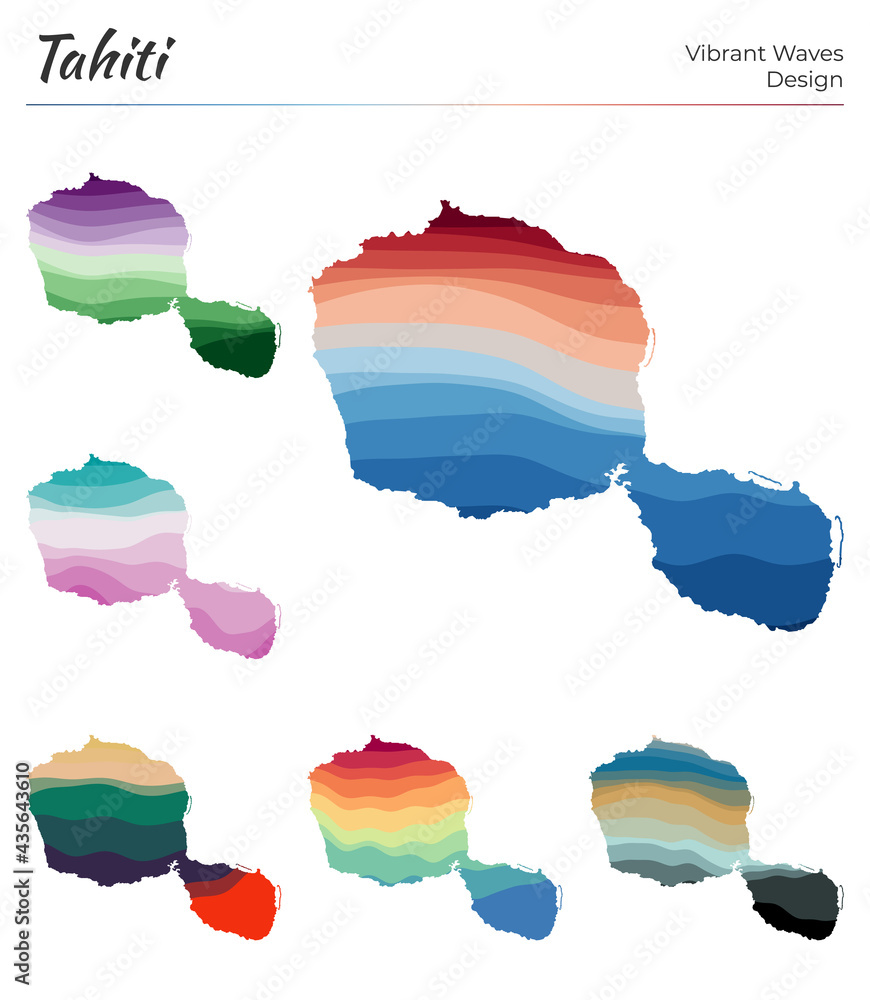 Poster set of vector maps of tahiti. vibrant waves design. bright map of island in geometric smooth curves 