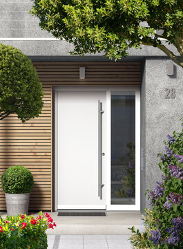 Modern home facade with entrance, front door, front yard and plants