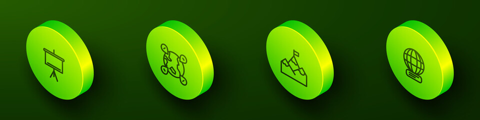 Set Isometric line Chalkboard, Location on the globe, Mountains with flag and Worldwide icon. Vector