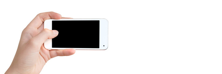 Hand holding a phone, blank screen, isolated on white panoramic background