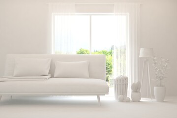 White living room with sofa and summer landscape in window. Scandinavian interior design. 3D illustration