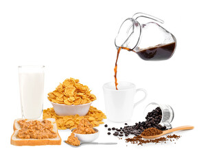 breakfast and tasty cornflakes  isolated on white