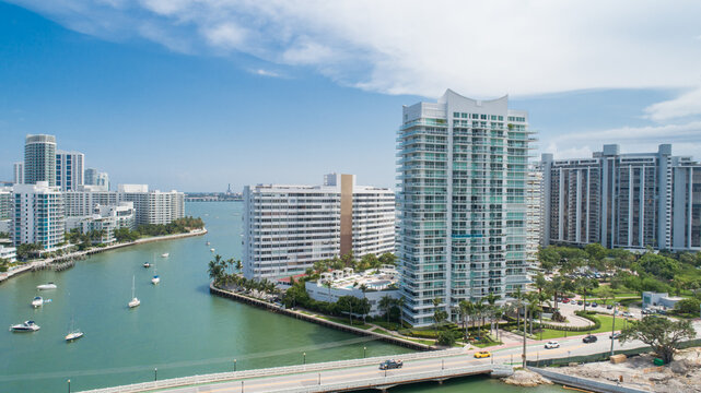 Aerial view of bridge to Venetian Island in South Beach in Miami.