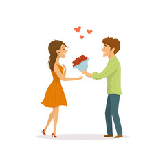 romantic couple in  love on a date, man surprises woman  with flowers cute cartoon vector illustration