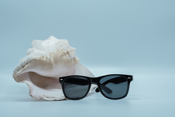 summer sunglasses and flip flops composition in blue background
