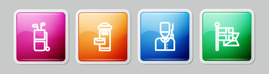 Fototapeta premium Set line Golf bag with clubs, London mail box, British soldier and England flag flagpole. Colorful square button. Vector