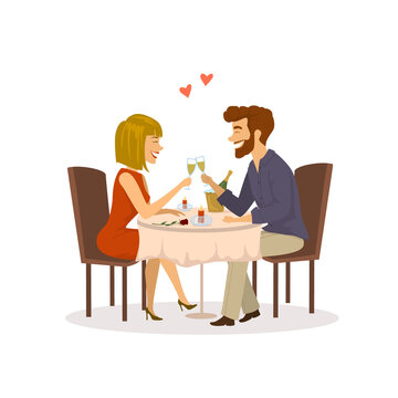 Happy Cheerful Couple In Love On A Romantic Date In The Restaurant Having Dinner Isolated Vector Illustration