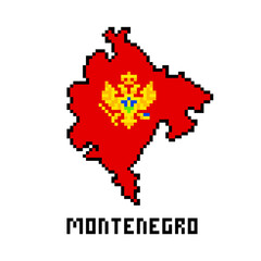 Obraz premium 2d 8 bit pixel art Montenegro map covered with flag isolated on white background. Old school vintage retro 80s, 90s platform computer, video game graphics. Slot machine design element.