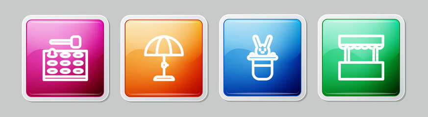 Set line Arcade game machine, Sun protective umbrella, Magician hat and rabbit and Ticket box office. Colorful square button. Vector