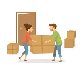 happy cheerful couple man and woman moving in together in a new house, carry boxes