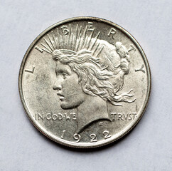 1922 US Peace dollar. Silver coin.