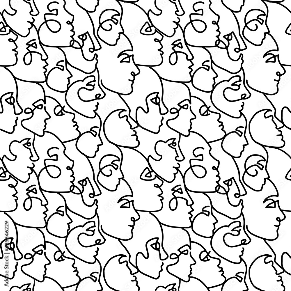 Poster one line drawing abstract face profile seamless pattern. modern minimalism aesthetic contour art. co