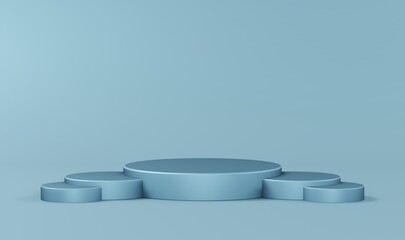 Stepped pedestal of five blue cylinders in studio lighting on blue background. 3d render.