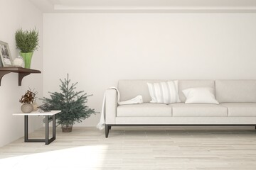 Soft color living room with sofa. Scandinavian interior design. 3D illustration