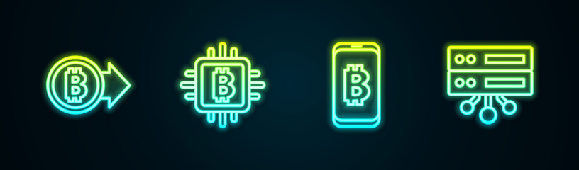 Set line Bitcoin, CPU mining farm, Mining bitcoin from mobile and Server. Glowing neon icon. Vector
