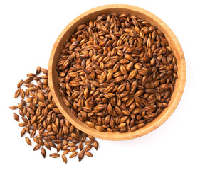 Barley Tea in the wooden bowl, isolated on pure white background, top view