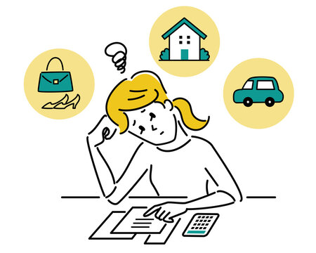 woman thinking about expenses, house, car, bag clip art preview