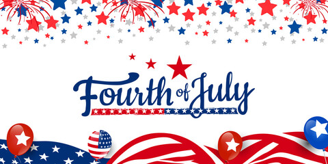 Obraz premium Fourth of July independence day typography design with star and an American flag on usa blue, red, white starburst; firework, waving usa flag, balloons background. 