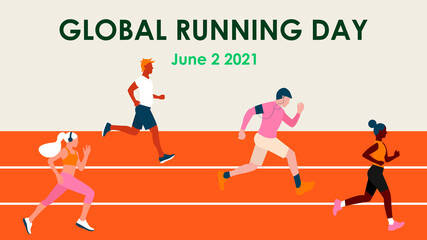 Fototapeta na wymiar Global running day. Different skin color people in a sports uniform jogs through the stadium. Sport training. Vector illustration design with lettering for poster, banner, greeting card. Eps 10