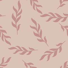 Bloom seamless pattern with random decorative leaves twig silhouettes. Lilac pale palette herbal backdrop.