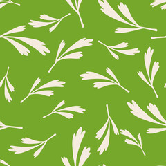 Decorative seamless pattern with grey leaves random ornament. Green background. Botanic shapes.