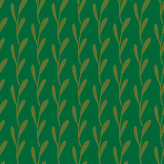 Green and olive palette seamless pattern with minimalistic branches leaves ornament. Vintage organic print.