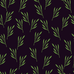 Random green leaf branches seamless pattern. Contrast little ornament style. Black background.