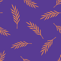 Bright random orange leaf branches seamless doodle pattern. Purple background. Abstract style print.