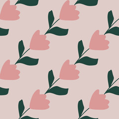 Blossom nature seamless pattern with diagonal pink simple tulip flowers shapes. Grey pale background.