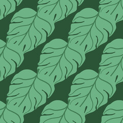 Foliage seamless pattern with hand drawn light green monstera leaves ornament. Dark green background.