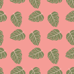 Green monstera leaves seamless pattern in hand drawn tropic style. Pink background. Doodle ornament.