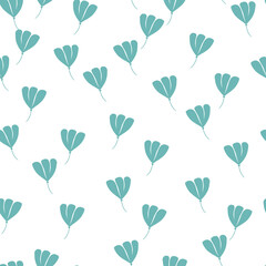 Seamless isolated pattern with blue random little simple style cosmos flowers ornament. White background.