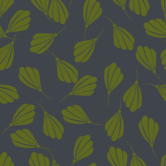 Dark floral seamless pattern with random green flowers silhouettes ornament. Navy blue background.
