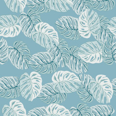 Summer season tropical seamless pattern with doodle monstera leaf shapes. Blue palette artwork.