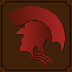 A simple icon of the head of an ancient Roman legionary with a helmet. Red icon on brown background with border