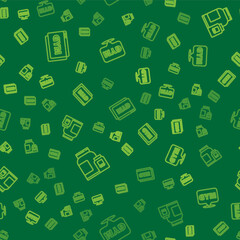 Set line Online fitness and training, Sports nutrition and Location gym on seamless pattern. Vector