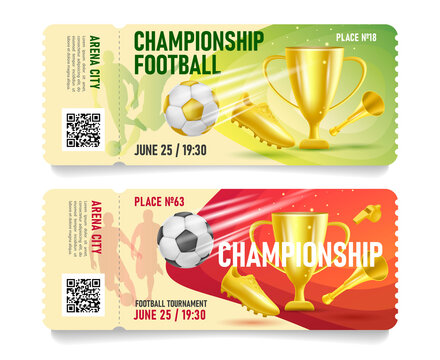 Set Of Football Soccer Game Admission Tickets Or Gift Certificates With Golden Cup Boot And Horn 3d Illustration