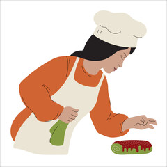 Confectioner. Cooker. Person making desserts, adding sugar powder to cake. Hobby and occupation. Cooking process.