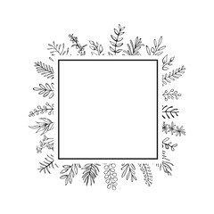 floral hand drawn farmhouse style outlined twigs branches square frame black and white  background