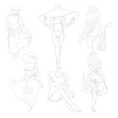 Line art fashion travel girls with hat, bag and summer dresses 
