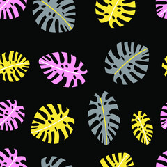 Seamless pattern with tropical leaves monstera isolated on black. Vector background for card, textile, fabric, wrapping. Yellow, gray, pink colors