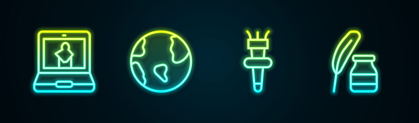 Set line Online museum, Earth globe, Torch flame and Feather and inkwell. Glowing neon icon. Vector