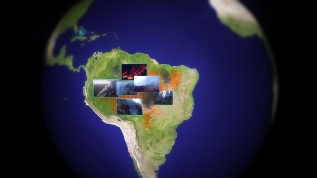 Amazon wildfire screens on Globe background - 3d render animation - based on public domain NASA map data